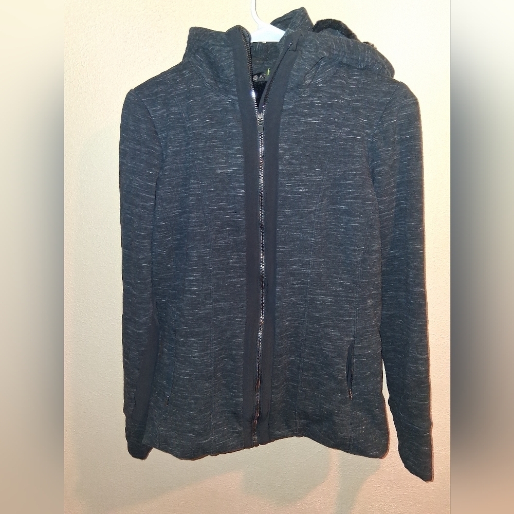 Athleta Womens Jacket Luxe Victory Hoodie Full Zip Dark Gray/Black Faux Fur LinM